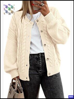 Chunky Cable Knit Cardigan Oversized Loose Fit Button Front Winter Sweater